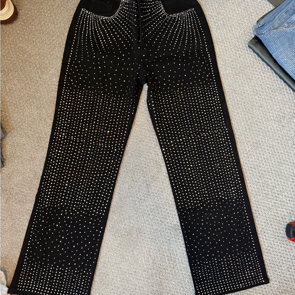 Black Rhinestone Embellished Women's Pants - Picture 4 of 6